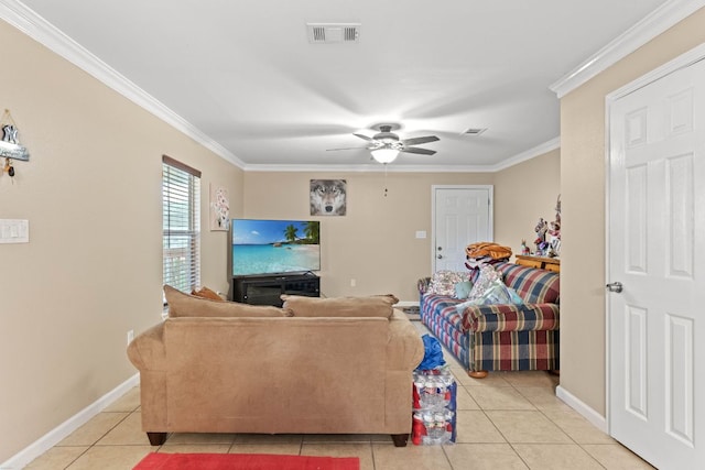 300 Walker St, Smithville, TX 78957 - living area with light tile patterned floors, ornamental molding, and a ceiling fan