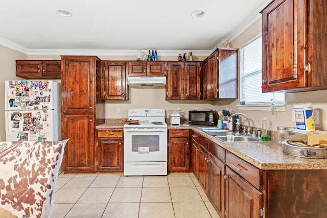 300 Walker St, Smithville, TX 78957 - kitchen featuring white appliances, under cabinet range hood, ornamental molding, light tile patterned floors, and light countertops