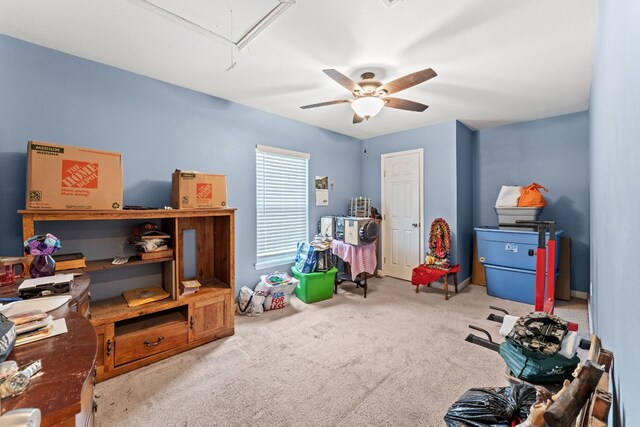300 Walker St, Smithville, TX 78957 - playroom with attic access, a ceiling fan, and carpet flooring