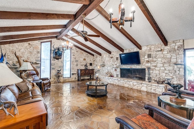 10745 Rosemar Ln, Adkins, TX 78101 - living area with a chandelier, a fireplace, a textured ceiling, and a ceiling fan