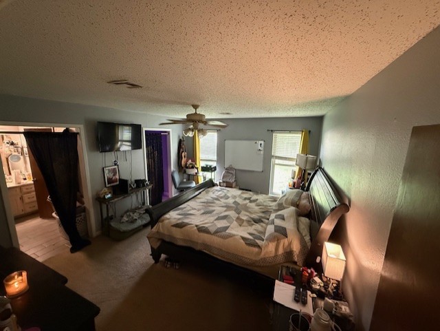 410 Phoenix Dr, Temple, TX 76504 - bedroom featuring a textured ceiling, ceiling fan, and carpet floors