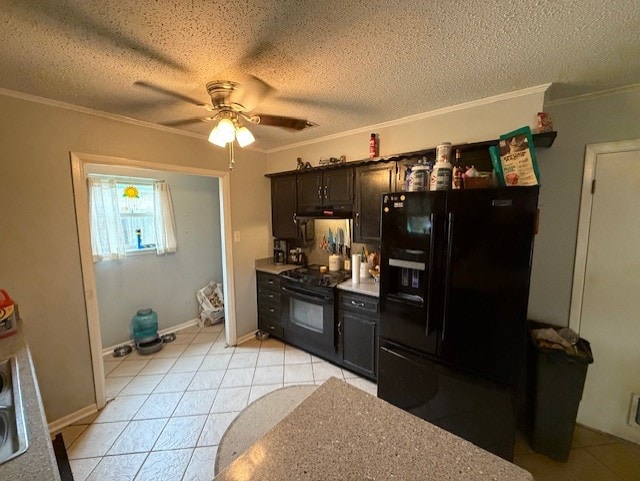 410 Phoenix Dr, Temple, TX 76504 - kitchen featuring black appliances, ceiling fan, ornamental molding, under cabinet range hood, and light tile patterned flooring