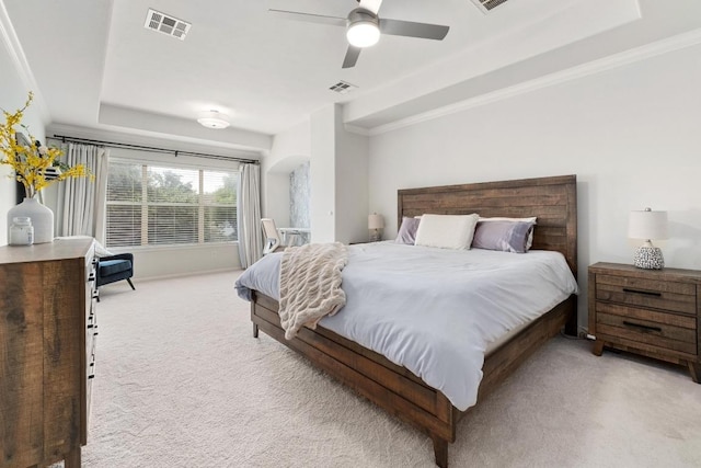 5701 Sunset Rdg, Austin, TX 78735 - bedroom featuring carpet, ornamental molding, a tray ceiling, and ceiling fan