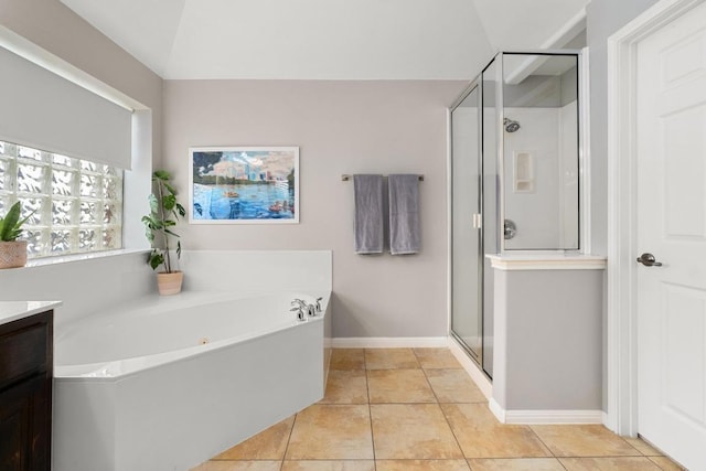 5701 Sunset Rdg, Austin, TX 78735 - full bathroom featuring a shower stall, a bath, vanity, and tile patterned flooring