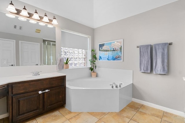 5701 Sunset Rdg, Austin, TX 78735 - bathroom featuring vanity, a bath, tile patterned flooring, and a shower with shower door