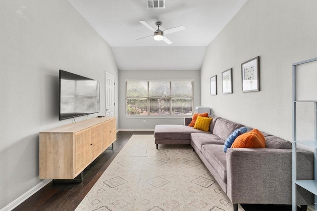 5701 Sunset Rdg, Austin, TX 78735 - living room with vaulted ceiling, a ceiling fan, and dark wood-style floors