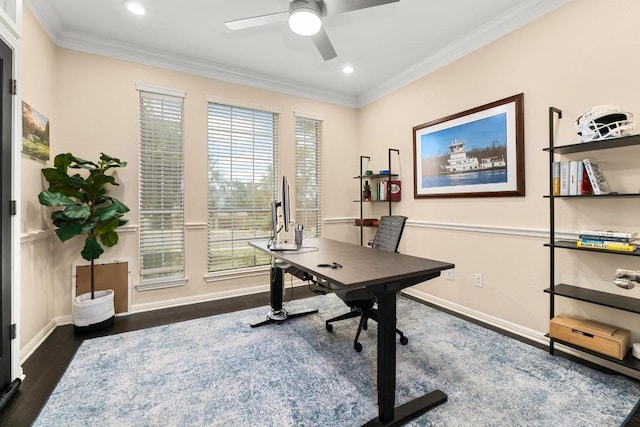 5701 Sunset Rdg, Austin, TX 78735 - office area with ceiling fan, dark wood-style floors, ornamental molding, and recessed lighting