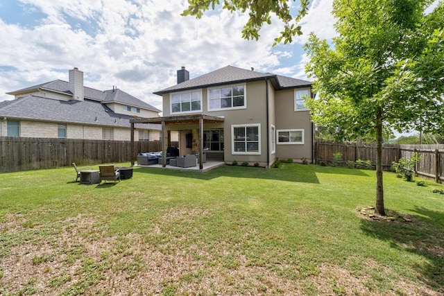 5701 Sunset Rdg, Austin, TX 78735 - back of property featuring outdoor lounge area, a fenced backyard, a patio, and stucco siding