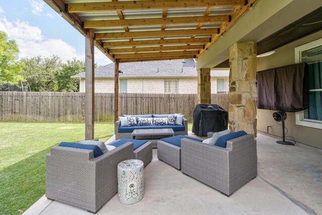 5701 Sunset Rdg, Austin, TX 78735 - fenced backyard featuring a grill, an outdoor hangout area, and a patio