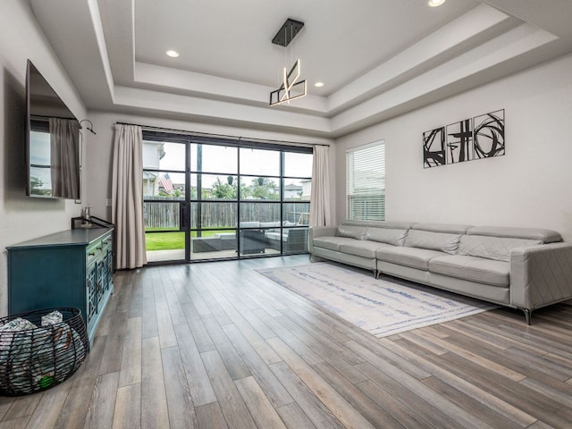453 Arrowhead Vine St, Leander, TX 78641 - living area with a raised ceiling, wood finished floors, and recessed lighting