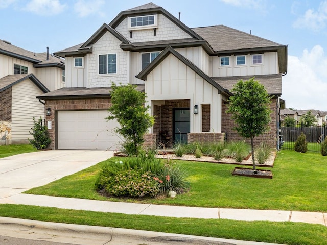 453 Arrowhead Vine St, Leander, TX 78641 - craftsman-style house featuring driveway, an attached garage, roof with shingles, board and batten siding, and brick siding