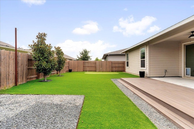 8213 Spire Vw, Austin, TX 78744 - fenced backyard with a ceiling fan, a wooden deck, and a patio