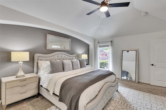 239 Holman Path, Hutto, TX 78634 - bedroom with light colored carpet, vaulted ceiling, and a ceiling fan