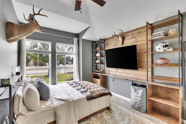 239 Holman Path, Hutto, TX 78634 - carpeted bedroom with lofted ceiling and ceiling fan