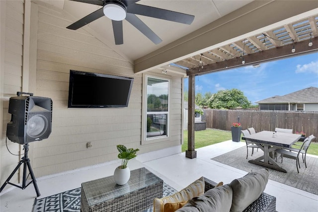 239 Holman Path, Hutto, TX 78634 - view of patio with a pergola, outdoor dining space, an outdoor living space, and a ceiling fan