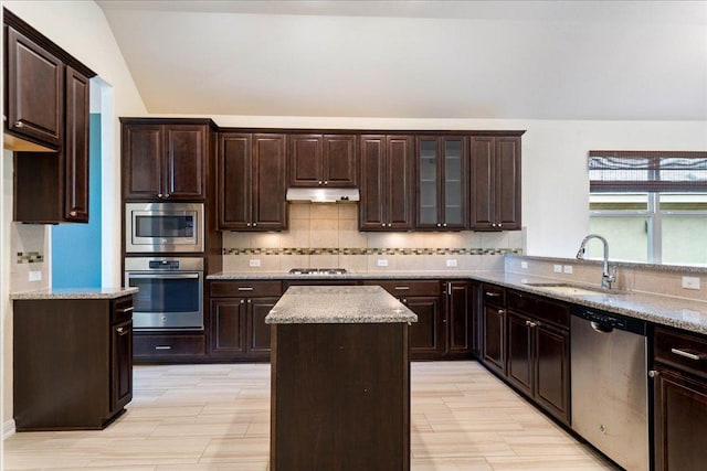 2520 Milan Meadows Dr, Leander, TX 78641 - kitchen featuring appliances with stainless steel finishes, under cabinet range hood, lofted ceiling, tasteful backsplash, and dark brown cabinets