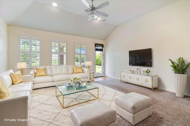 2520 Milan Meadows Dr, Leander, TX 78641 - carpeted living area featuring lofted ceiling, a ceiling fan, plenty of natural light, and recessed lighting