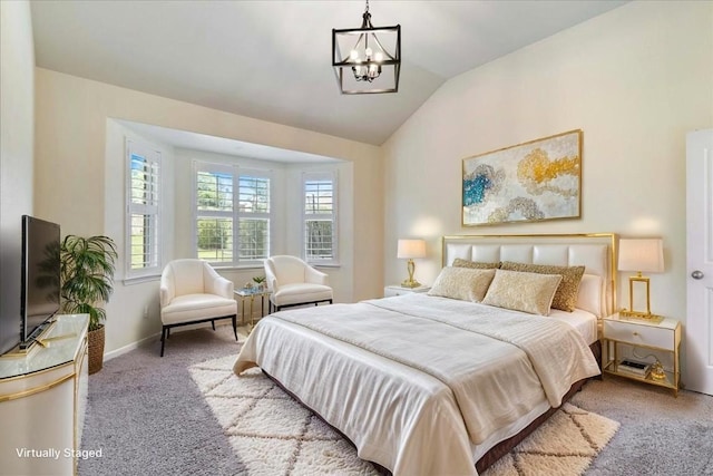 2520 Milan Meadows Dr, Leander, TX 78641 - carpeted bedroom with lofted ceiling and a chandelier