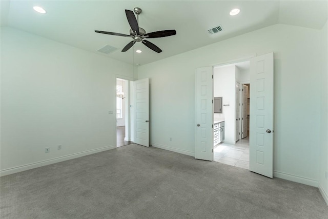 152 Limestone Dr, Georgetown, TX 78628 - unfurnished bedroom with light carpet, recessed lighting, vaulted ceiling, and a ceiling fan