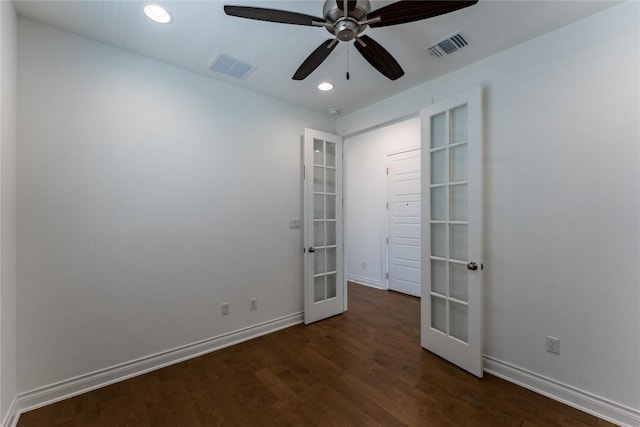 152 Limestone Dr, Georgetown, TX 78628 - spare room featuring french doors, dark wood-style flooring, recessed lighting, and ceiling fan