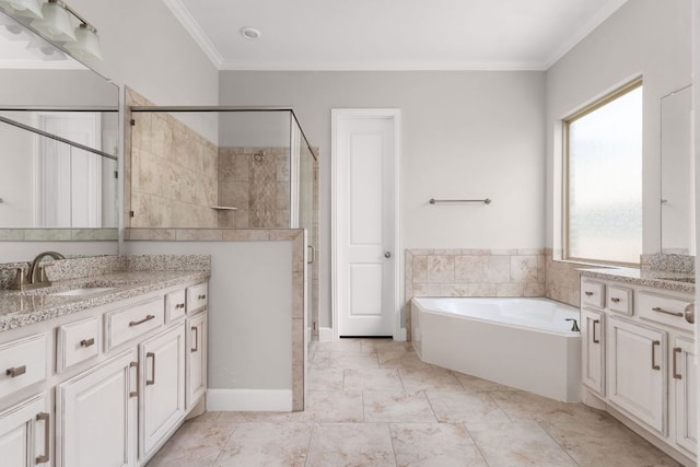 103 County Road 180 Unit 35, Leander, TX 78641 - full bathroom with vanity, a bath, a shower stall, and crown molding