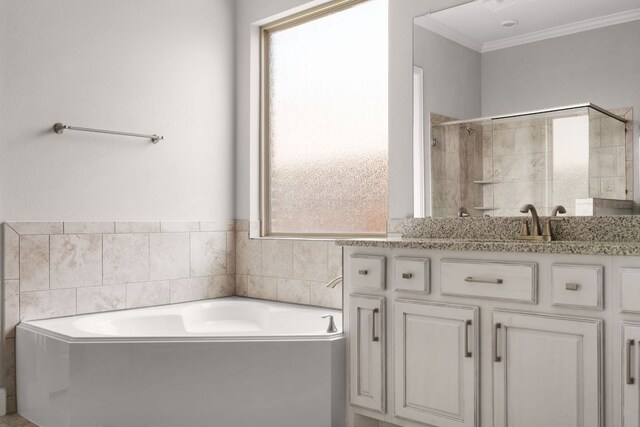 103 County Road 180 Unit 35, Leander, TX 78641 - full bathroom featuring a bath, vanity, ornamental molding, and a tile shower