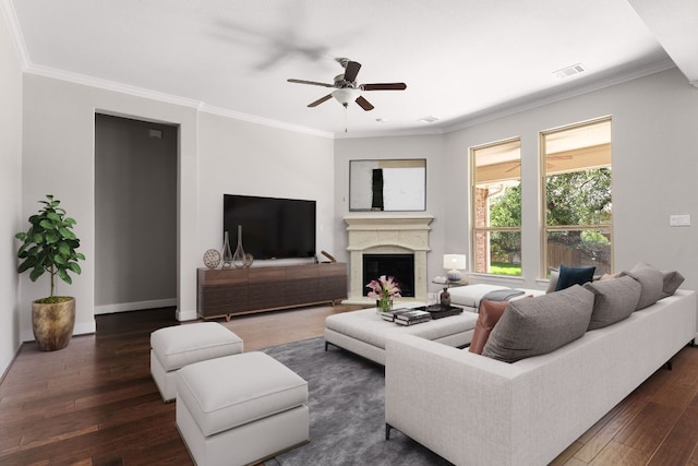 103 County Road 180 Unit 35, Leander, TX 78641 - living area with a ceiling fan, wood-type flooring, crown molding, and a high end fireplace