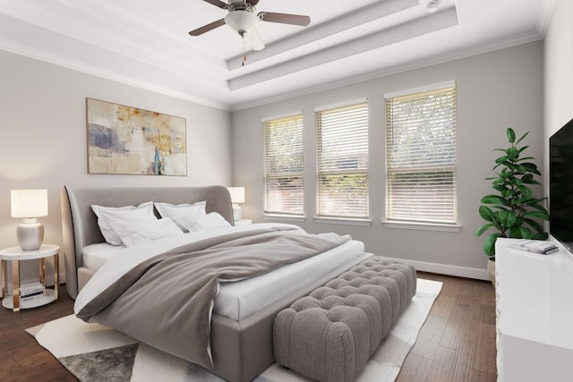 103 County Road 180 Unit 35, Leander, TX 78641 - bedroom with a tray ceiling, wood finished floors, crown molding, and a ceiling fan