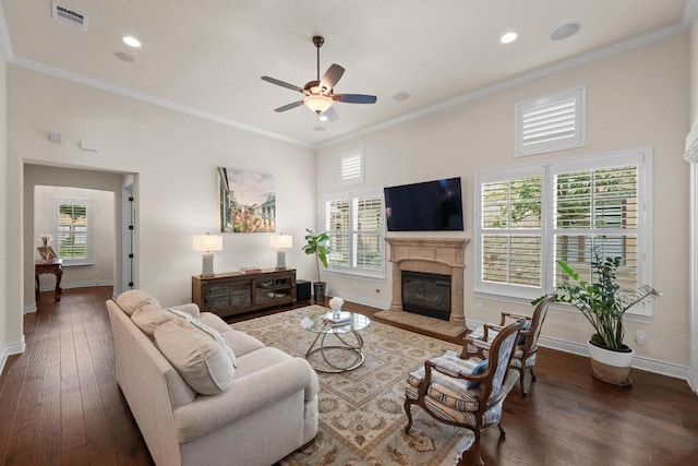 223 Delfino Cir, Austin, TX 78734 - living room with wood-type flooring, a ceiling fan, a glass covered fireplace, ornamental molding, and recessed lighting