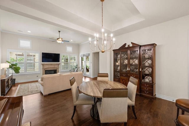 223 Delfino Cir, Austin, TX 78734 - dining area with a glass covered fireplace, dark wood-style flooring, a ceiling fan, a chandelier, and recessed lighting