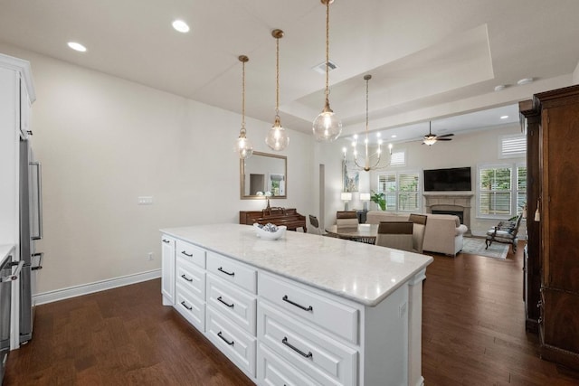223 Delfino Cir, Austin, TX 78734 - kitchen featuring a ceiling fan, dark wood-style floors, a fireplace, a center island, and recessed lighting