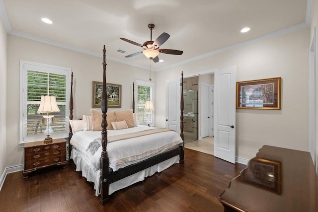 223 Delfino Cir, Austin, TX 78734 - bedroom with dark wood-style flooring, ornamental molding, a ceiling fan, recessed lighting, and connected bathroom