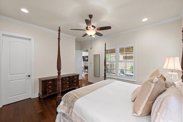 223 Delfino Cir, Austin, TX 78734 - bedroom with wood finished floors, recessed lighting, ornamental molding, and ceiling fan