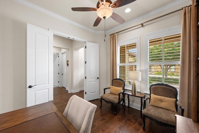 223 Delfino Cir, Austin, TX 78734 - office space with crown molding, dark wood-style floors, and ceiling fan