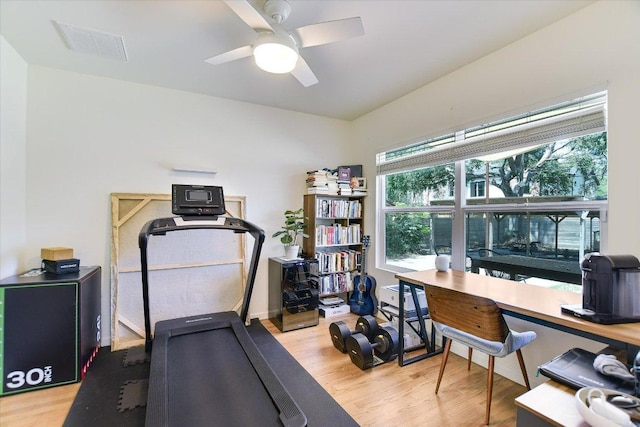 3004 Breeze Ter, Austin, TX 78722 - exercise room featuring light wood finished floors and a ceiling fan