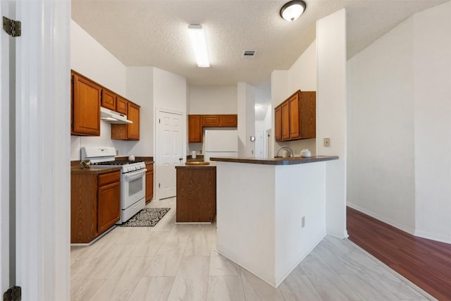 7806 Vail Valley Dr, Austin, TX 78749 - kitchen featuring white appliances, under cabinet range hood, dark countertops, a textured ceiling, and brown cabinets