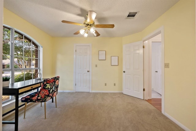 7806 Vail Valley Dr, Austin, TX 78749 - home office featuring light colored carpet, ceiling fan, and a textured ceiling