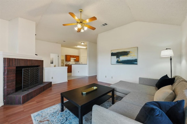 7806 Vail Valley Dr, Austin, TX 78749 - living room featuring ceiling fan, light wood finished floors, vaulted ceiling, and a fireplace