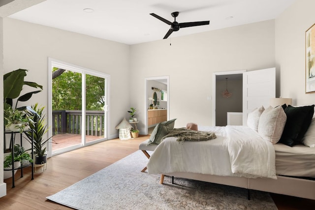 10006 Mandeville Cir, Austin, TX 78750 - bedroom featuring access to outside, wood finished floors, ensuite bath, and ceiling fan