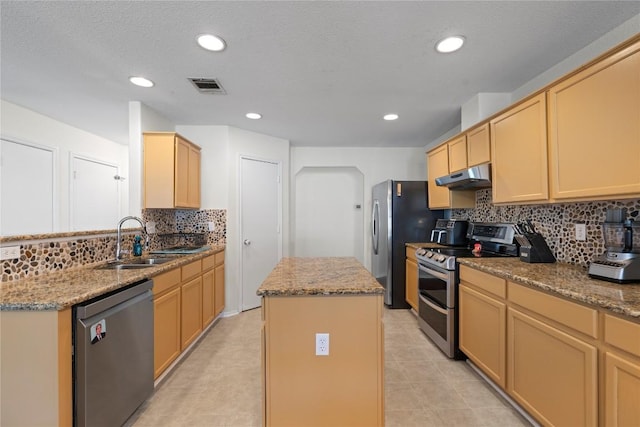 6005 La Mesa St, Leander, TX 78645 - kitchen with appliances with stainless steel finishes, under cabinet range hood, decorative backsplash, a kitchen island, and light stone countertops