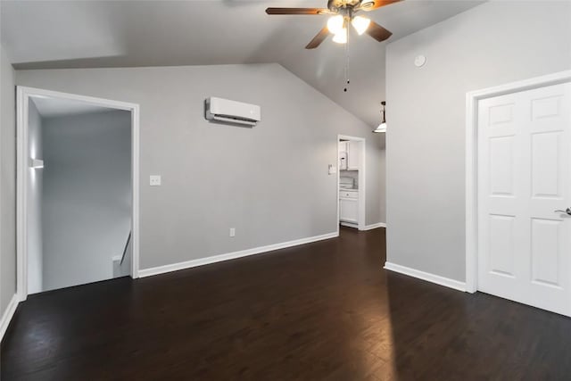 106 Harper Dr, Bastrop, TX 78602 - unfurnished living room featuring a wall mounted air conditioner, a ceiling fan, vaulted ceiling, and dark wood-type flooring
