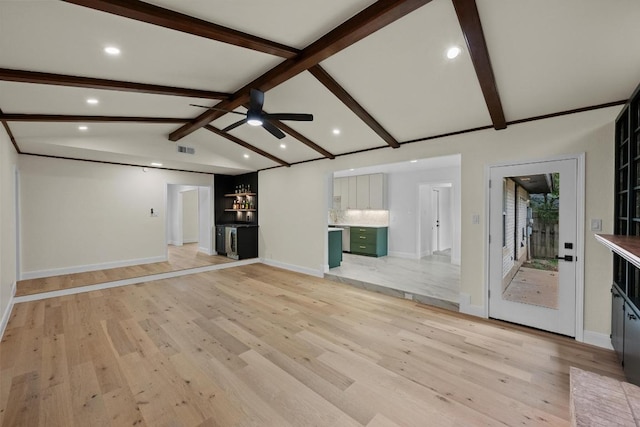 8909 Laurel Grove Dr, Austin, TX 78758 - unfurnished living room featuring recessed lighting, light wood-type flooring, bar area, and ceiling fan