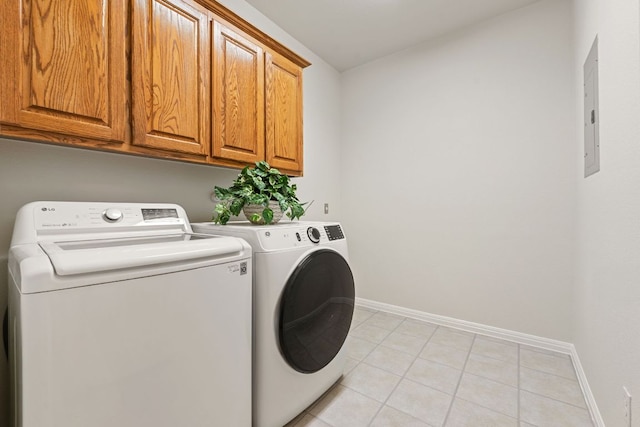 2700 Dagama Ct, Cedar Park, TX 78613 - washroom with washing machine and dryer, cabinet space, light tile patterned floors, and electric panel