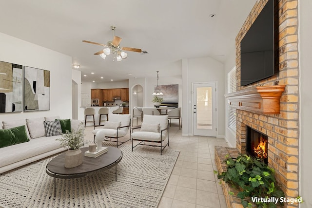 2700 Dagama Ct, Cedar Park, TX 78613 - living room with ceiling fan, light tile patterned flooring, a fireplace, and recessed lighting