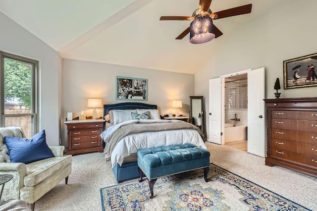 4231 N Summercrest Loop, Round Rock, TX 78681 - bedroom featuring light colored carpet, ensuite bath, ceiling fan, and high vaulted ceiling