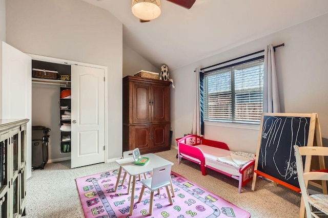 4231 N Summercrest Loop, Round Rock, TX 78681 - carpeted bedroom with vaulted ceiling, ceiling fan, and a closet