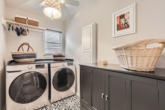 4231 N Summercrest Loop, Round Rock, TX 78681 - laundry room featuring separate washer and dryer, ceiling fan, cabinet space, and tile patterned floors