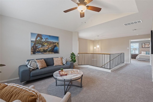 11221 Old Quarry Rd, Austin, TX 78717 - living area featuring carpet, a ceiling fan, and lofted ceiling