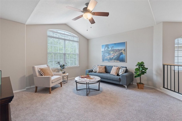 11221 Old Quarry Rd, Austin, TX 78717 - living area with lofted ceiling, carpet flooring, and a ceiling fan