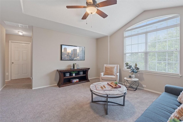 11221 Old Quarry Rd, Austin, TX 78717 - living area featuring carpet flooring, healthy amount of natural light, a ceiling fan, and vaulted ceiling